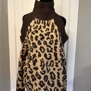 Leopard Print Turtleneck Sweater Cold Shoulder